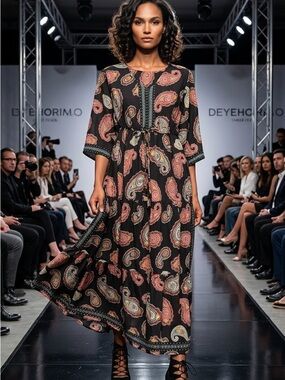 Black Paisley Maxi Dress with Pink and Cream Accents